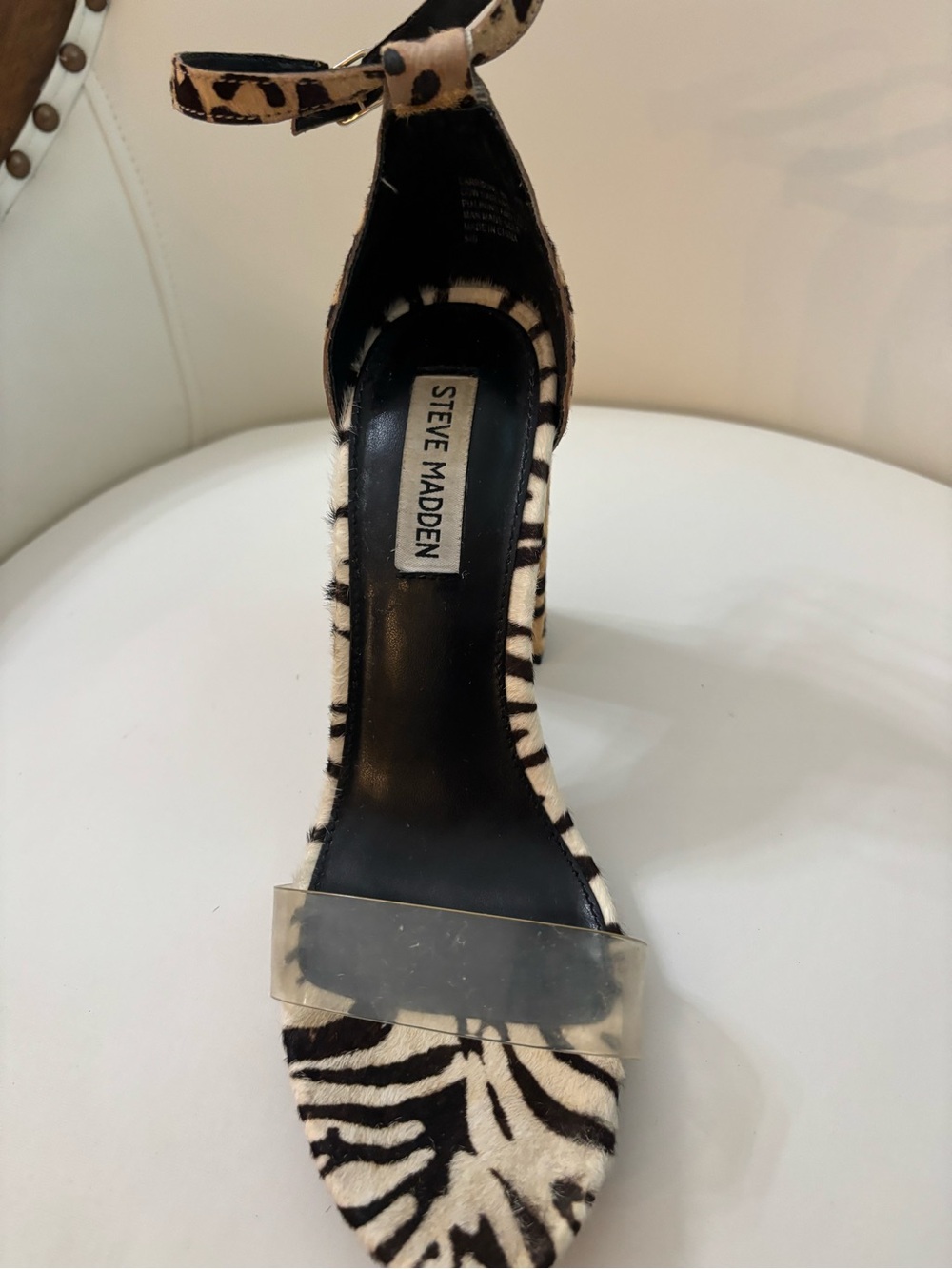 Steve Madden Women's Zebra Print Ankle Strap Sandal in Black & White